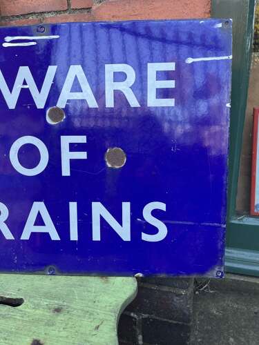 Beware of Trains Enamel Sign